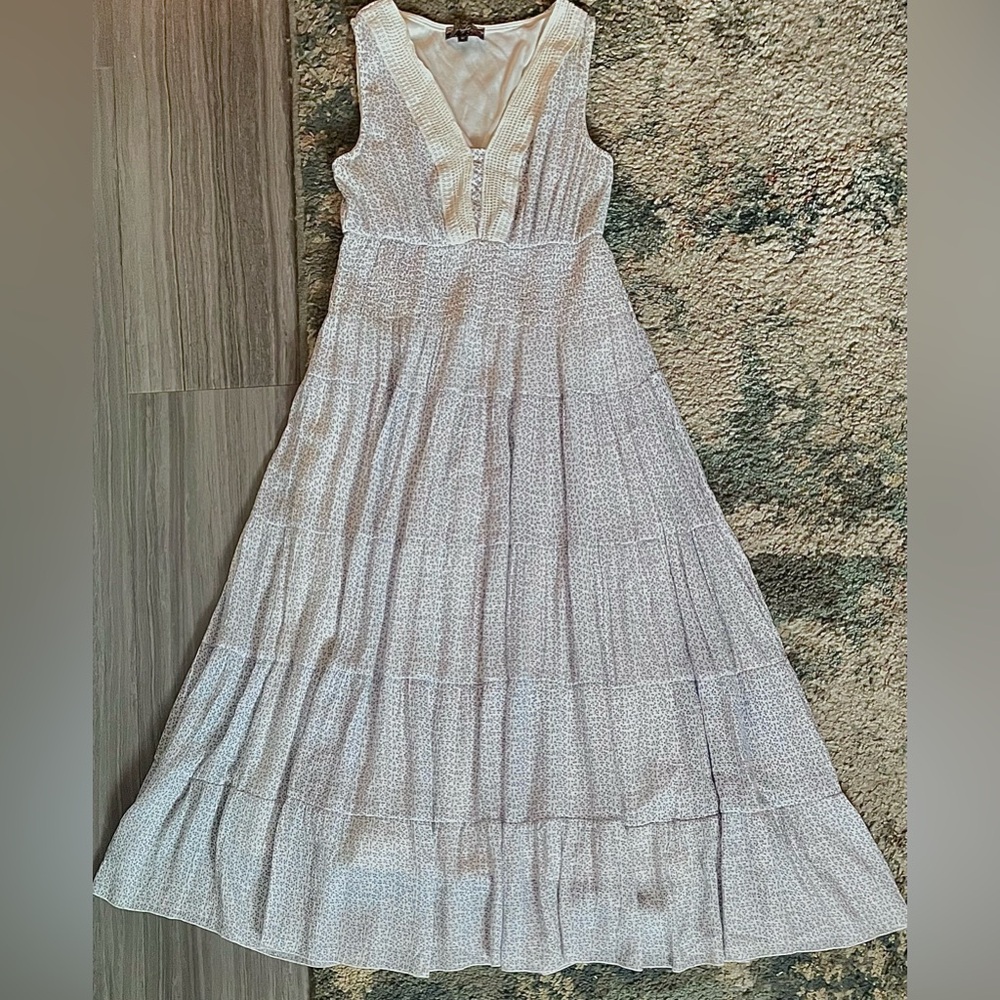 Vintage White Blue Sleeveless Maxi Dress smoked tired v-neck size medium - Picture 6 of 12